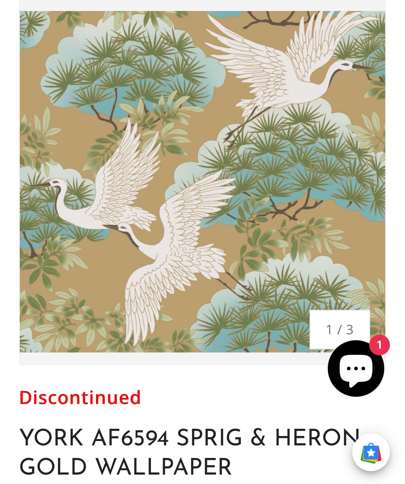 York Crane Wallpaper, Sprig & Heron Gold, 4 double rolls