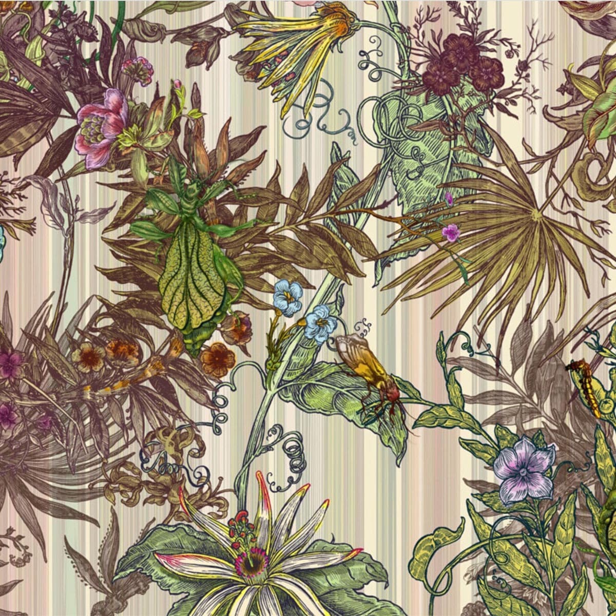 Timorous Beasties Opera Botanica Superwide Wallpaper with tropical botanical pattern and insects