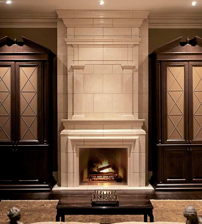 Tartaruga Design Mereworth honed limestone fireplace mantel