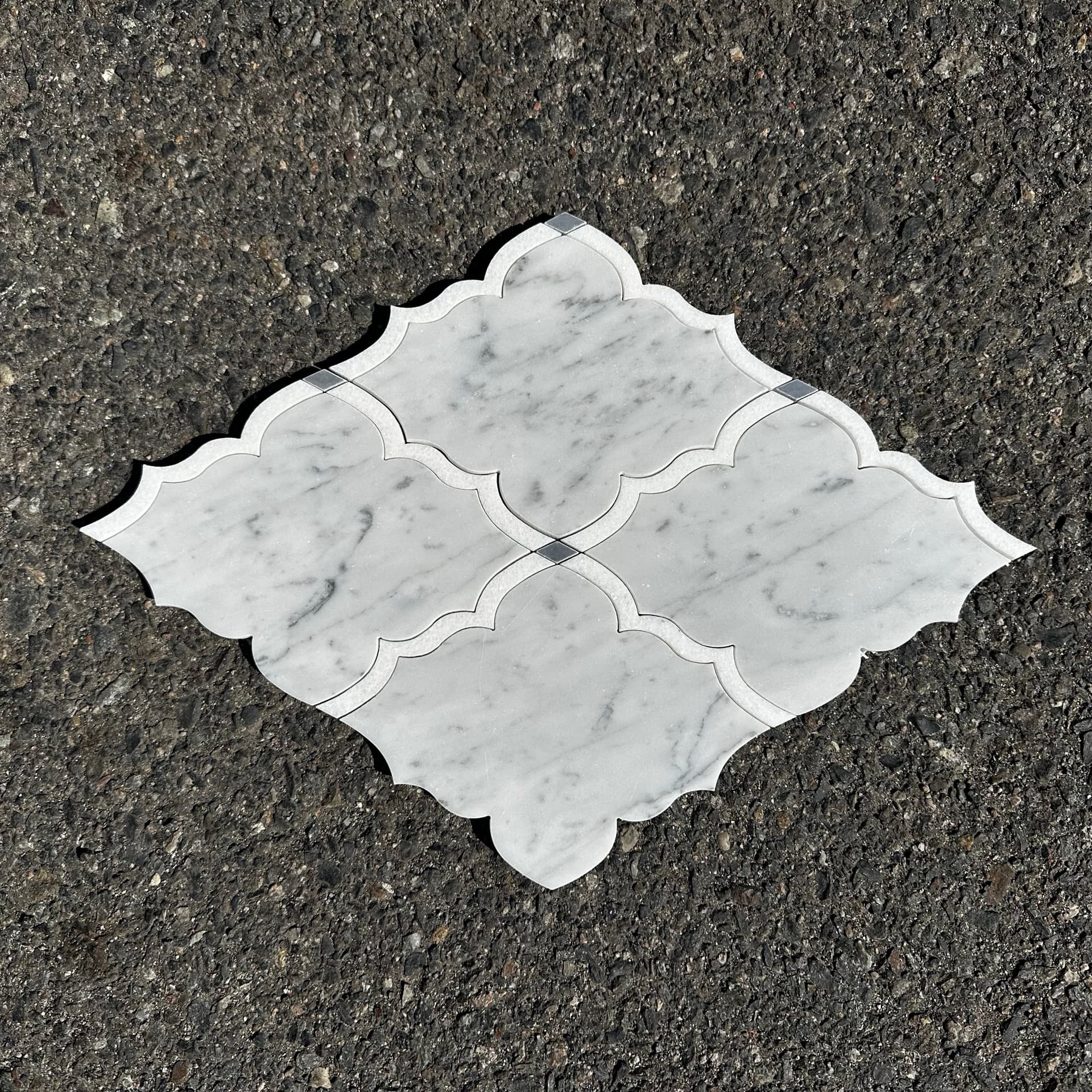 MJ Amina polished marble waterjet tile with white Carrara, white Thassos, and Bardiglio dots