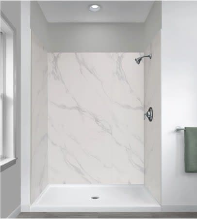 NEW Five panel alcove shower Wall kit, with wide sliding shower door clear glass, and shower base